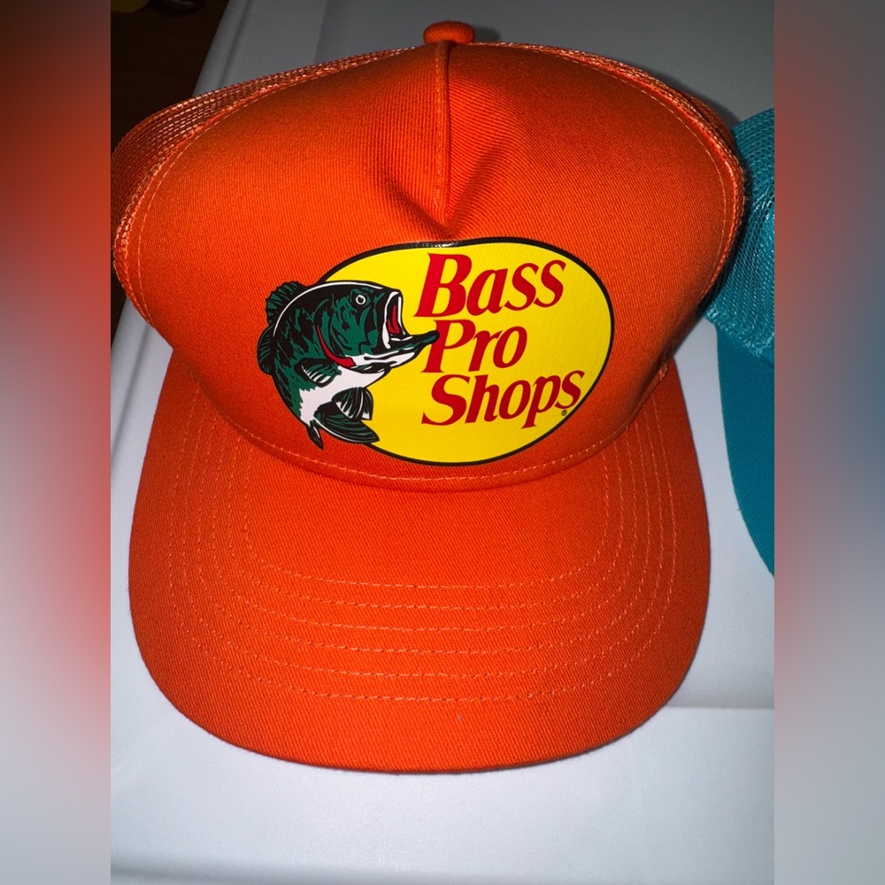 Bass Pro Shops Bright Orange Cap with Yellow Logo, Blue Cap (both)